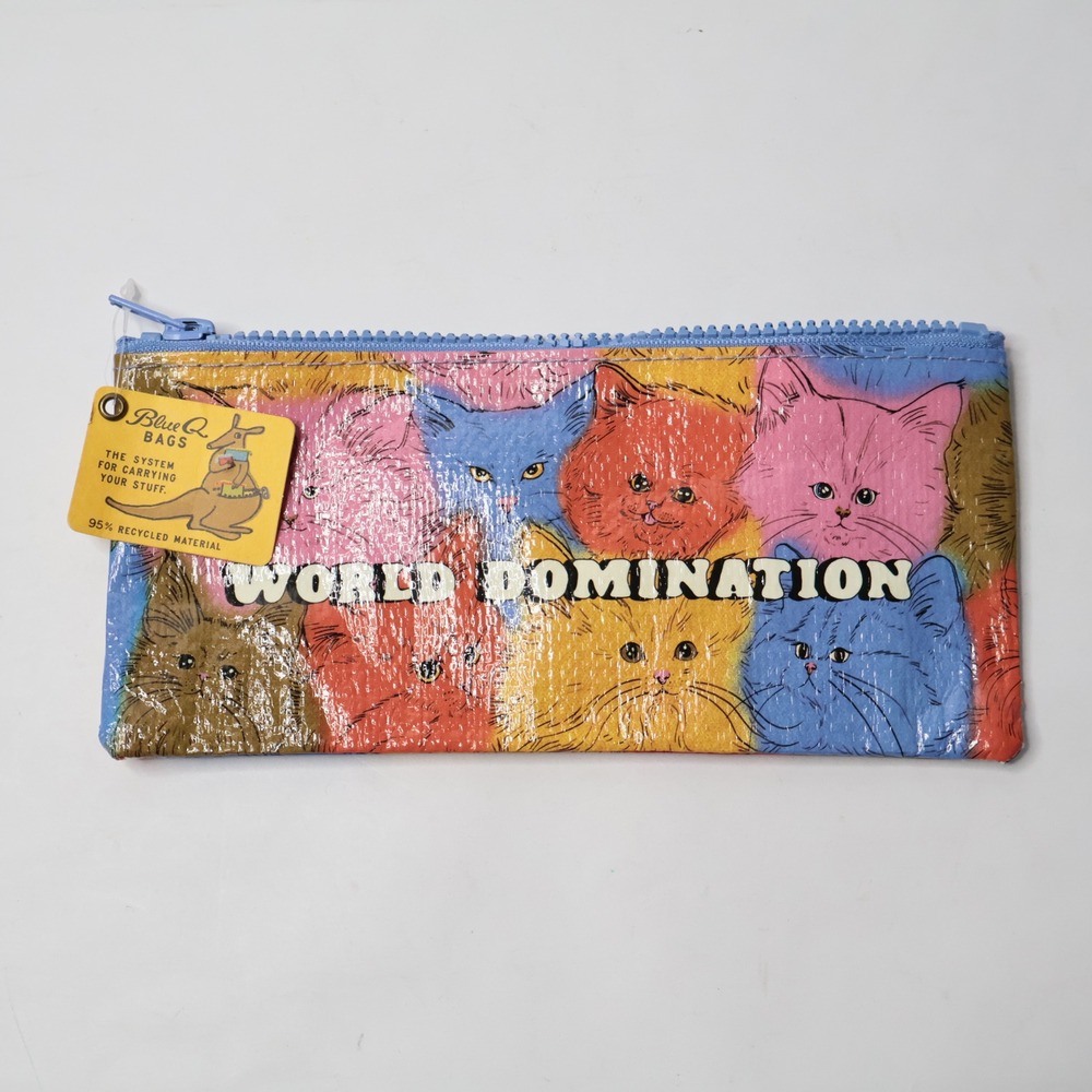 Blue Q World Domination Recycled Zipper Pouch Cat Art QA793 New‎ With Tags